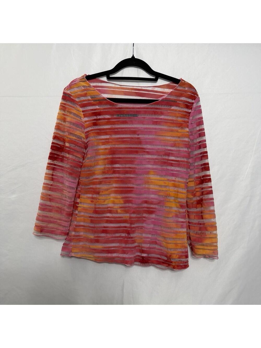 Tribal Stretch Sheer Striped Long Sleeve Top Size S Pink Orange Y2K Boho